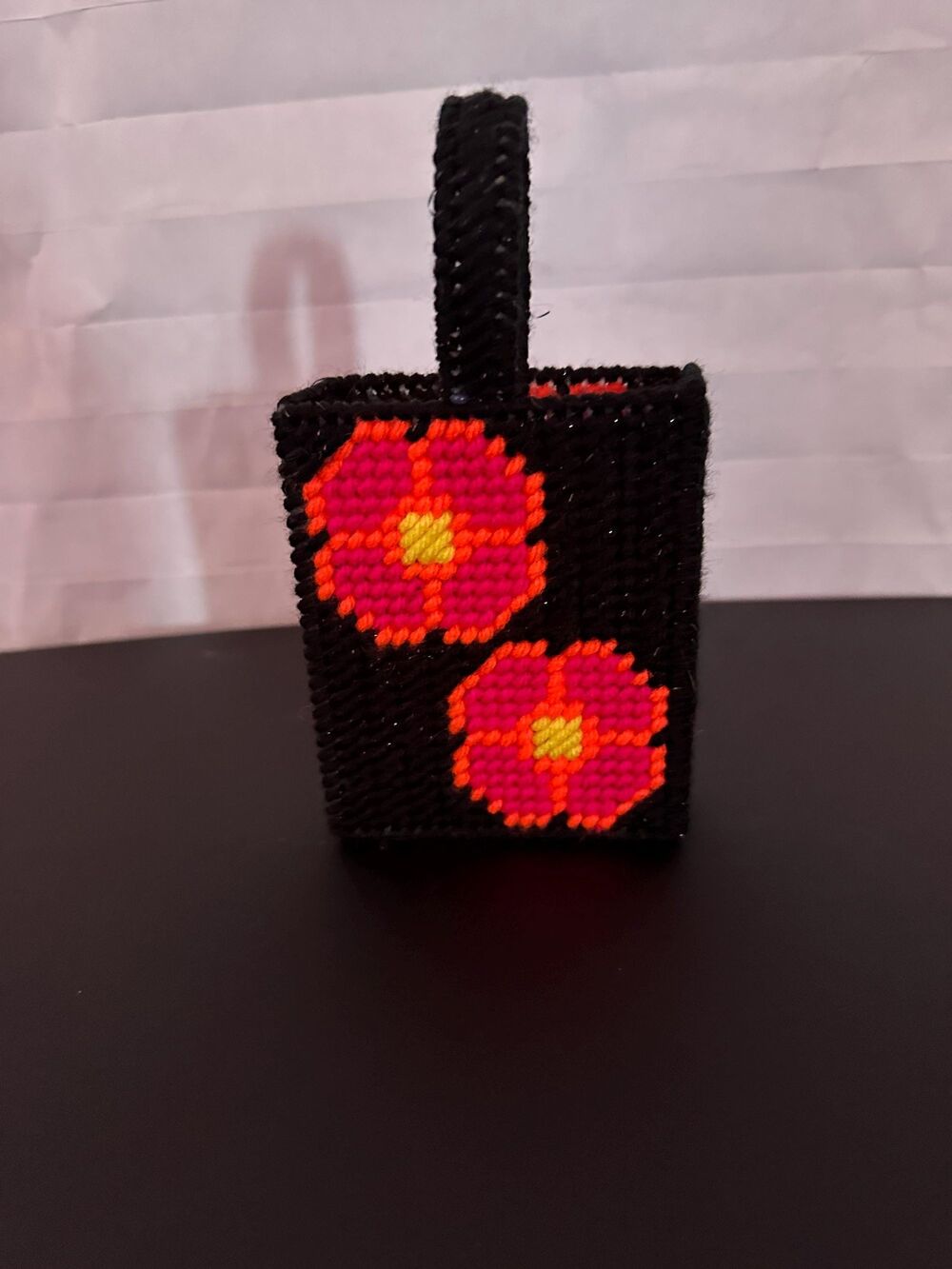 Tiny Flower Tote Bag Black Plastic Canvas Handmade Floral Gift for Her